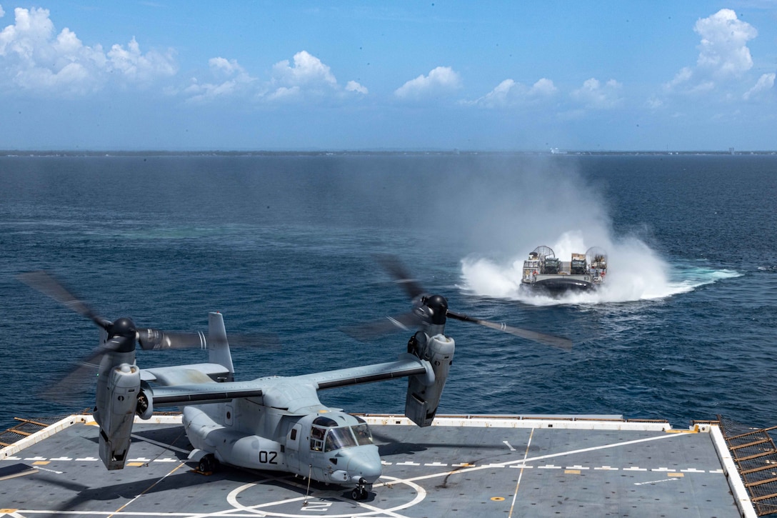 U.S. Navy Landing Craft Air Cousin 83 transports U.S. Marine Corps 7-tons back aboard San Antonio-class amphibious transportation dock USS New York during UNITAS LXIV, July 18, 2023. UNITAS, which is taking place in Colombia this year, is the world’s longest-running annual multinational maritime exercise that focuses on enhancing interoperability among multiple nations and joint forces during littoral and amphibious operations in order to build on existing regional partnerships and create new enduring relationships that promote peace, stability, and prosperity in the U.S. Southern Command’s area of responsibility.