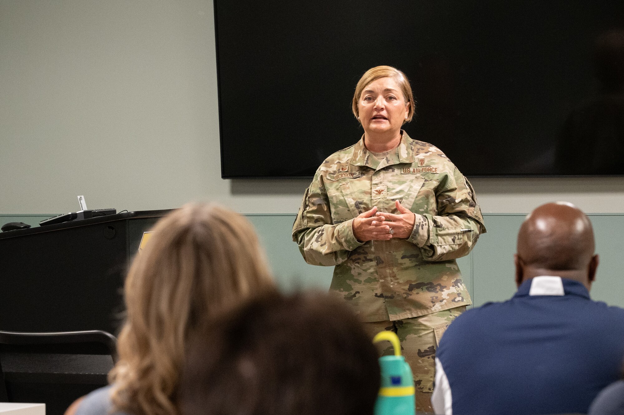 Col. Peggy Dickson, 436th Medical Group commander, welcomes honorary commanders during a tour at Dover Air Force Base, Delaware, July 28, 2023. The honorary commanders toured various departments within the 436th MDG to familiarize them with their mission and capabilities. (U.S. Air Force photo by Mauricio Campino)