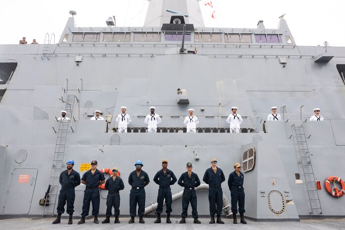 U.S. Marines with the 26th Marine Expeditionary Unit  and Sailors assigned to the San Antonio-class amphibious transport dock ship USS Mesa Verde conduct a Manning the Rails ceremony during their first port visit on their scheduled deployment in Plymouth, United Kingdom, July 28, 2023. The USS Mesa Verde, assigned to the Bataan Amphibious Ready Group and embarked 26th MEU, under the command and control of Task Force 61/2, is on a scheduled deployment in the U.S. Naval Forces Europe area of operations, employed by U.S. Sixth Fleet to defend U.S., allied and partner interests.