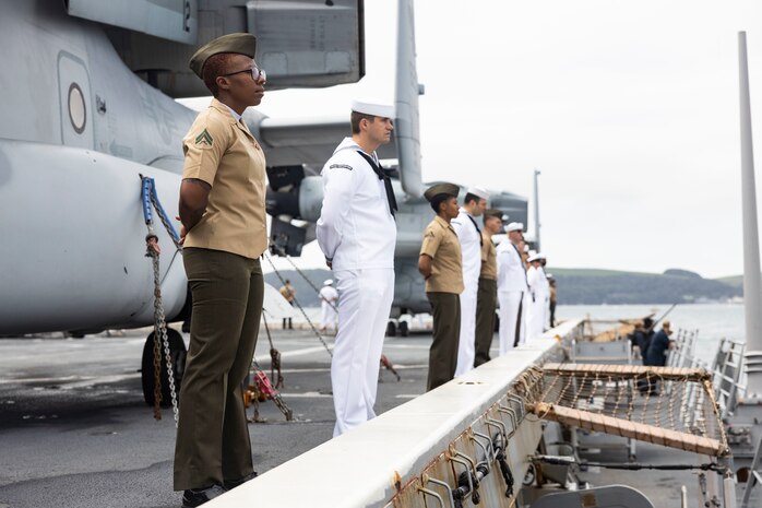 U.S. Marines with the 26th Marine Expeditionary Unit and Sailors assigned to the San Antonio-class amphibious transport dock ship USS Mesa Verde conduct a Manning the Rails ceremony during their first port visit on their scheduled deployment in Plymouth, United Kingdom, July 28, 2023. The USS Mesa Verde, assigned to the Bataan Amphibious Ready Group and embarked 26th MEU, under the command and control of Task Force 61/2, is on a scheduled deployment in the U.S. Naval Forces Europe area of operations, employed by U.S. Sixth Fleet to defend U.S., allied and partner interests.