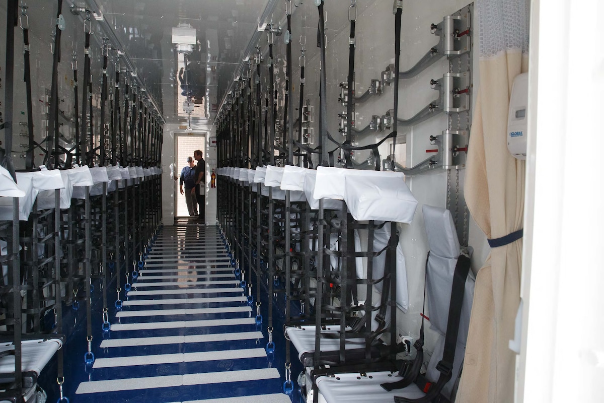 Interior of the Negatively Pressurized CONEX, or NPC at the Center for Sustainment of Trauma and Readiness Skills, or C-STARS, in Omaha, Nebraska June 24, 2023. The NPC will be used in developing a new infectious disease air transport training course on procedures for current and future outbreaks of highly infectious disease (U.S. Air Force photo).