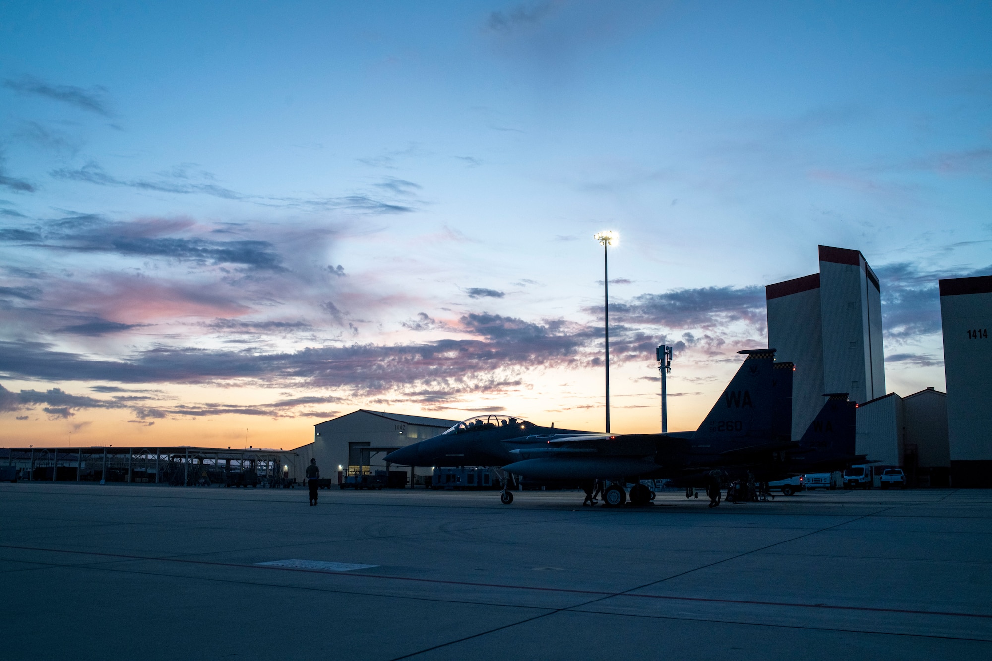 A F-15 assigned to the U.S. Air Force Weapons School park on the historic flightline at Edwards Air Force Base, California. The USAF Weapons School teaches graduate-level instructor courses that provide the world's most advanced training in weapons and tactics employment.
