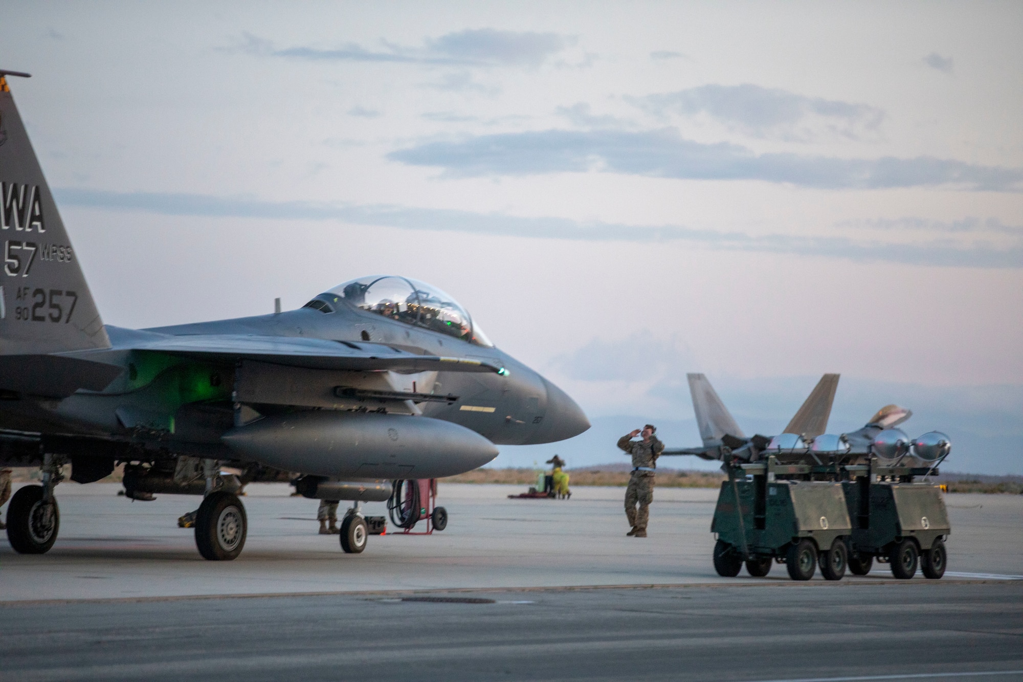 Maintenance personnel recovers a F-15 assigned to the U.S. Air Force Weapons School at Edwards Air Force Base, California. The USAF Weapons School from Nellis AFB teaches graduate-level instructor courses that provide the world's most advanced training in weapons and tactics employment.