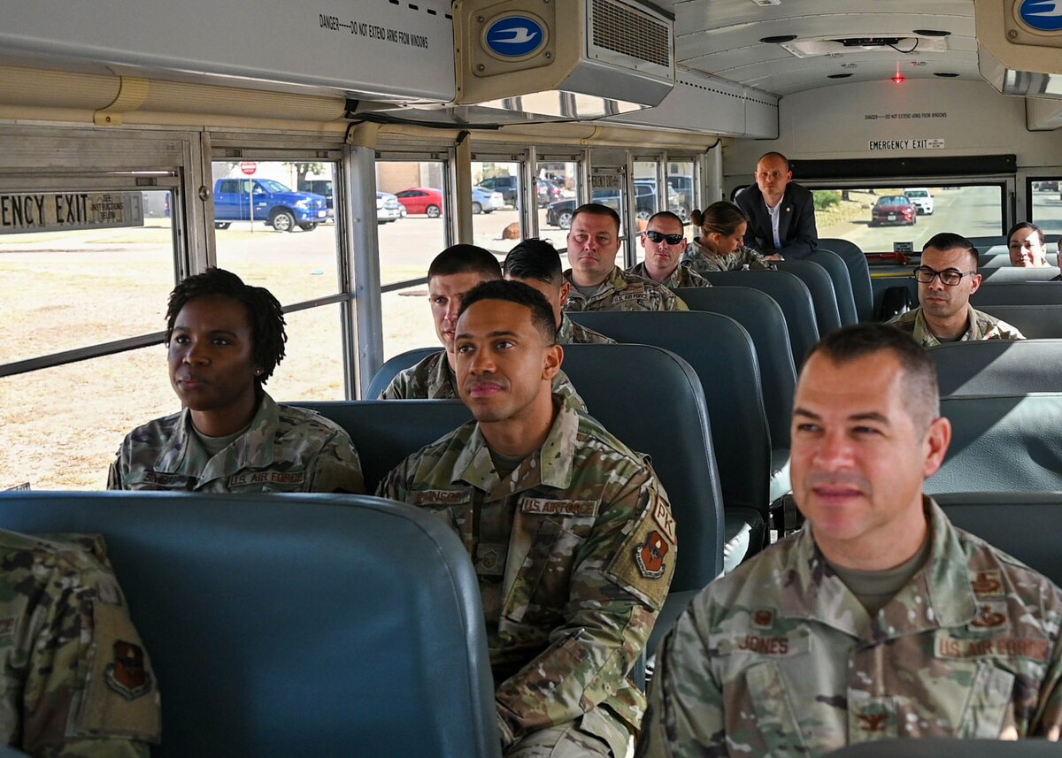 Senior Leader Summit attendees tour San Angelo, Texas, July 27, 2023. During SLS, attendees participated in discussions, briefings, and tours highlighting Goodfellow's strong bond with the local community. (U.S. Air Force Photo by Airman 1st Class Zach Heimbuch)