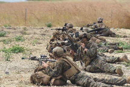 Marines aim their weapons as they lie on the ground.