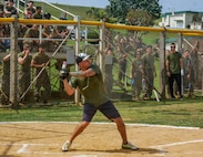 U.S. Marine Corps Capt. Brandon Grzyb, a platoon commander with Combat Logistic Regiment 37, participates in a softball game against the Japanese Ground Self-Defense Force during a field meet at Camp Kinser, Okinawa, Japan, April 28, 2023. The purpose of the field meet was to boost morale and build esprit de corps and unit cohesion amongst the Marines. (U.S. Marine Corps photo by Cpl. Chancellor Reynolds.)