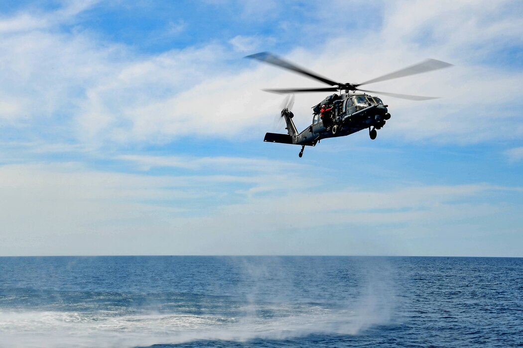 Pararescuemen assigned to the 57th Rescue Squadron perform underway training with the Albanian navy off the coast of Albania during exercise Astral Knight May 19, 2023. AK23 allows allied forces to perform in a collaborative partnership that improves interoperability in small unit ground tactics, command and control, technical rescue, incident site management, tactical medicine and personnel recovery. (U.S. Air Force photo by Senior Airman Noah Sudolcan)