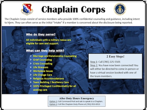 flyer includes basic information about the Hanscom AFB Chapel team; including their services and important phone numbers and steps to make appointments.