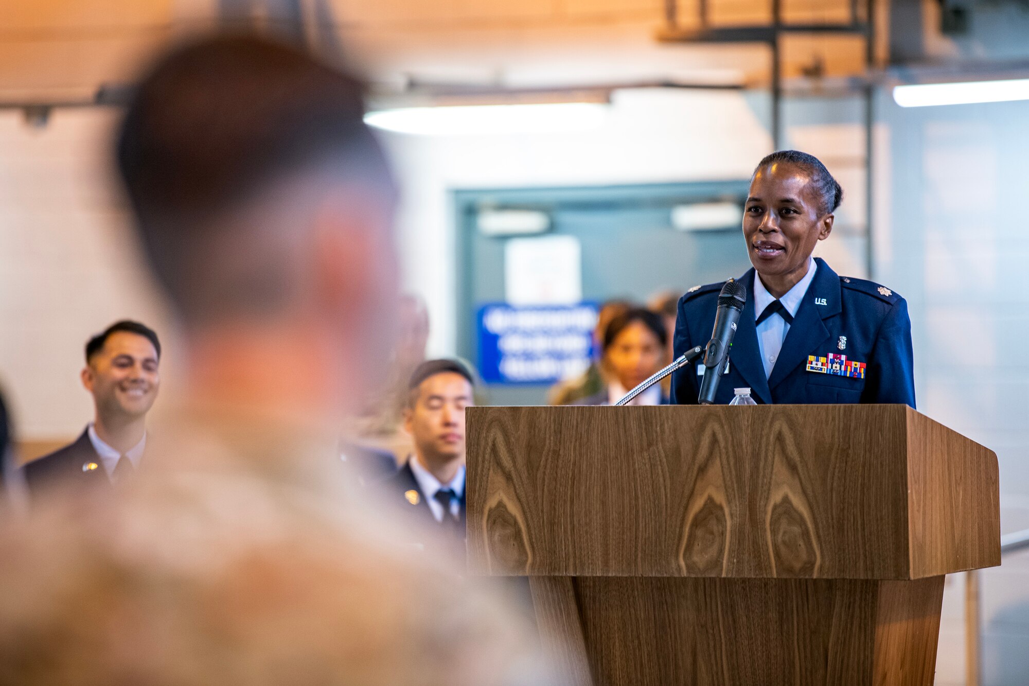 U.S. Air Force Lt. Col. Yvonne Storey, 423d Medical Squadron incoming commander, speaks during a change of command ceremony at RAF Alconbury, England, May 30, 2023. Prior to assuming command, Storey served as the Chief Nurse executive for the 412th Medical Group, Edwards Air Force Base, Calif. (U.S. Air Force photo by Staff Sgt. Eugene Oliver)