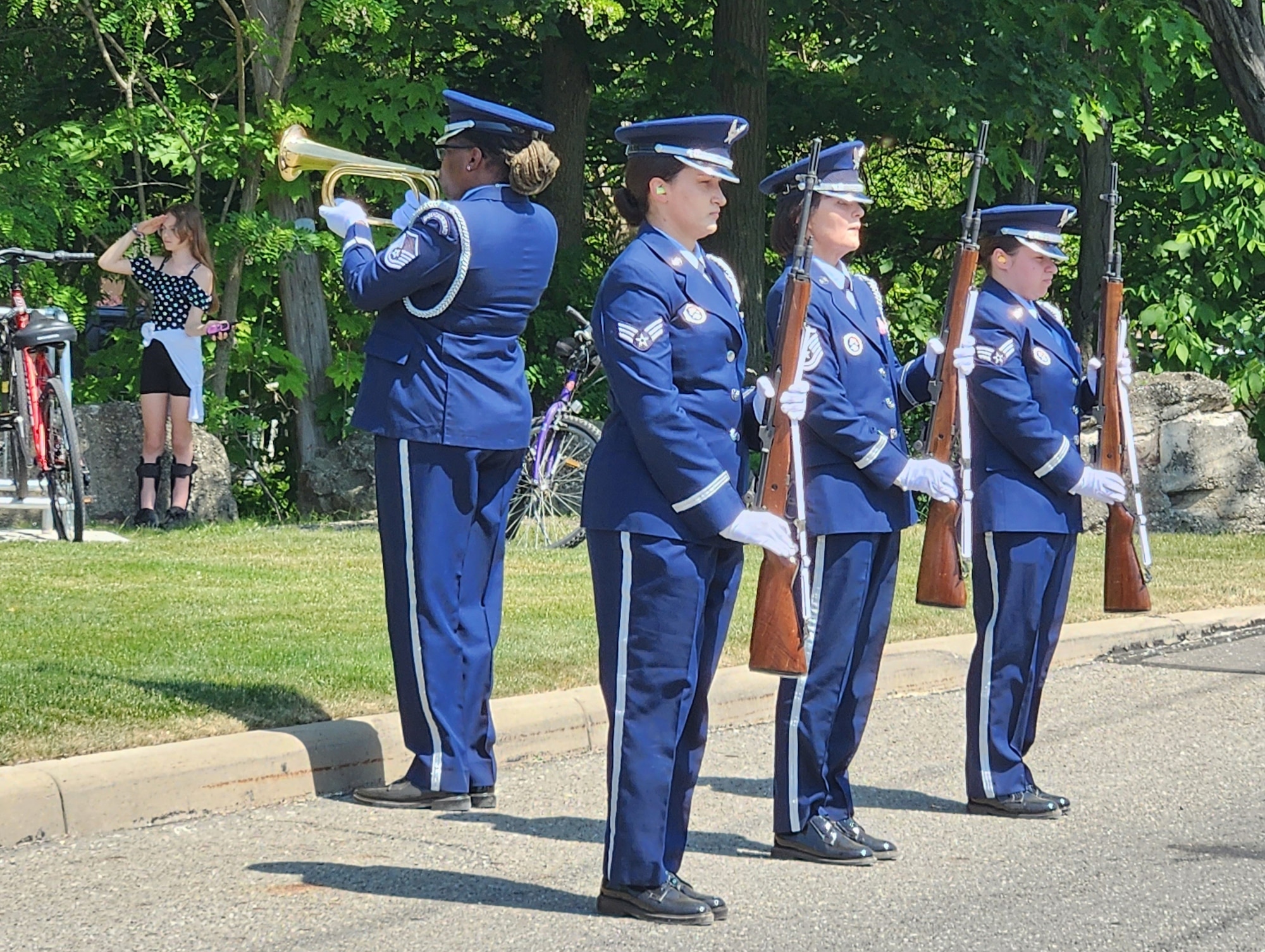 Members of the 910th Airlift Wing Base Honor Guard stand at attention after conducting a rifle salute while a bugle rendition of ‘Taps’ is performed at the Cortland Memorial Day ceremony at the veterans memorial here, May 29, 2023. Several 910th Airmen participated in the ceremony which focused on honoring the memory of and never forgetting the more than one million American service members who have paid the ultimate sacrifice of giving their lives in defense of the United States of America. The wing’s strong representation at the ceremony was an example of the partnership that both the 910th and community leaders hoped to achieve as a result of Cortland City Council’s resolution, issued Feb. 21, 2023, declaring the community as a ‘Sister City’ to YARS. U.S. Air Force photo by Senior Master Sgt. Bob Barko Jr.