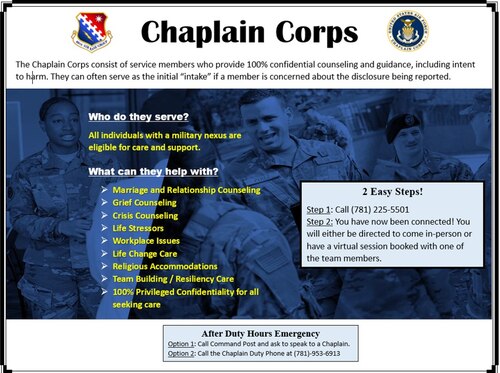 flyer includes basic information about the Hanscom AFB Chapel team; including their services and important phone numbers and steps to make appointments.