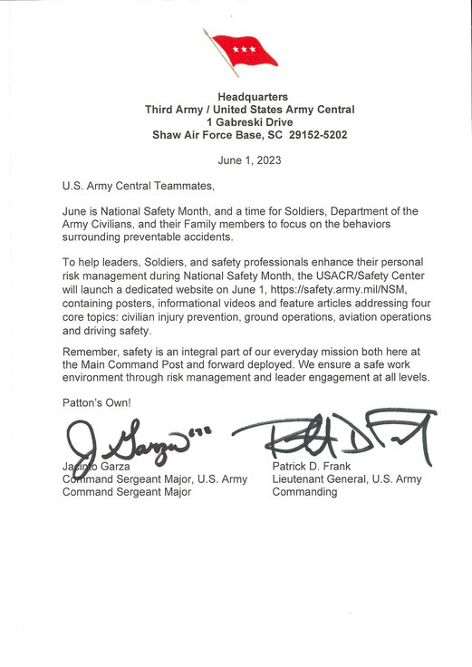 USARCENT leadership national safety month message.