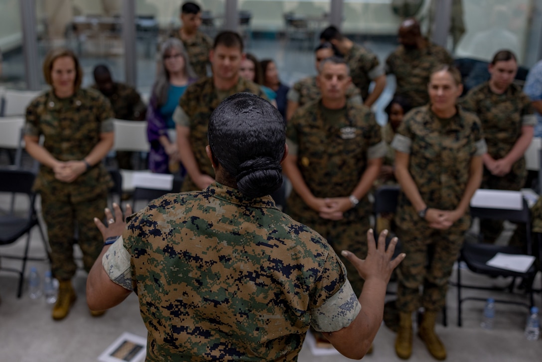 U.S. Marine Corps Master Gunnery Sgt. Michelle Rich-Peoples, an aviation supply chief with Marine Aviation Logistics Squadron 36, Marine Aircraft Group 36, 1st Marine Aircraft Wing, speak to leaders across various commands within III Marine Expeditionary Force during the Women’s Leadership and Education Forum’s 1-year anniversary on Camp Schwab, Okinawa, Japan, May 18, 2023. WLEF celebrated its milestone with guest speakers and a guided discussion theme-focused on work-life balance as leaders. WLEF was developed to create a healthy environment for hard discussions, addressing cultural improvements, cohesion and leadership by providing opportunities for networking, support, mentorship, and career development for U.S. Marines and Sailors on Okinawa.