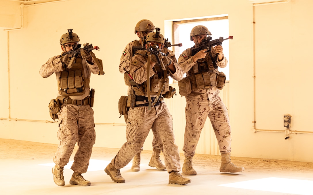 U.S. Marines with Marine Forces Command and soldiers with the United Arab Emirates Armed Forces conduct room clearing procedures during exercise Intrepid Maven 23.3 in the United Arab Emirates, May 17, 2023. Intrepid Maven 23.3 is a Task Force 51/5-led bilateral exercise between MARCENT and the United Arab Emirates Armed Forces designed to improve interoperability, strengthen partner-nation relationships in the U.S. Central Command area of responsibility, and improve both individual and bilateral unit readiness.