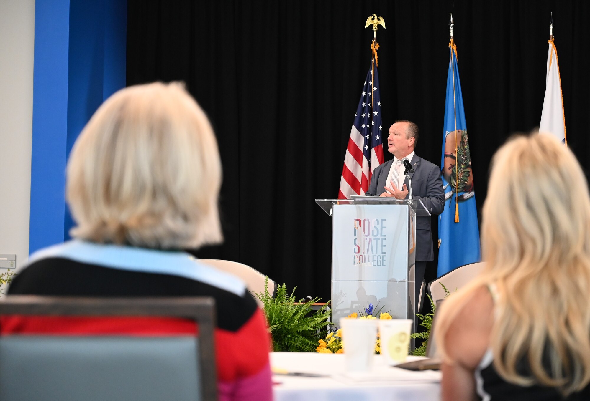 Jeff Sick, director of the Air Force Sustainment Center Logistics Directorate, addresses attendees of the the Oklahoma Aerospace and Defense Industry Day May 16 at Rose State College in Midwest City, Okla.