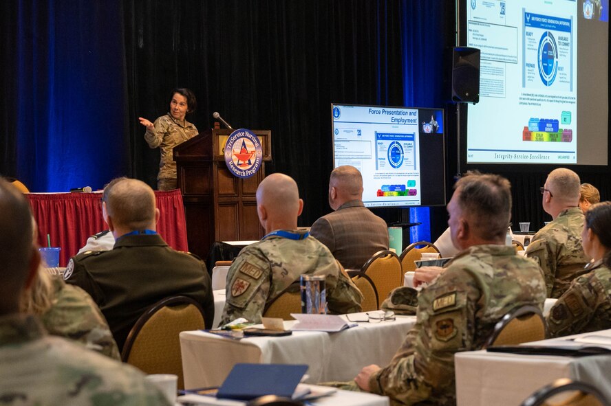 The TriService Nursing Research Program's annual Dissemination Course was held on April 4-6th, 2023, San Antonio, Texas. A room full of people sit while Brig. Gen. Jeannine Ryder, Chief Nurse of the Air Force, presents a  power point discussing the top four research initiatives: aeromedical evacuation (AE) and en route care, prolonged combat casualty care in expeditionary and space, aviation and space medicine, and medical countermeasures to directed energy threats.