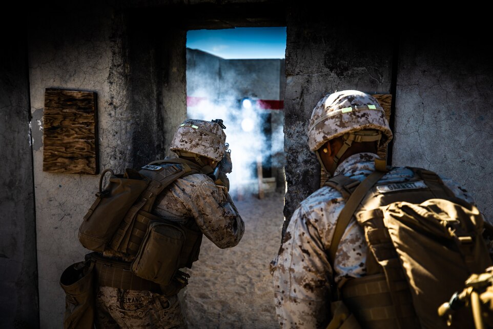 U.S. Marines clear a building during Military Operations on Urbanized Terrain training at Marine Corps Air Ground Combat Center