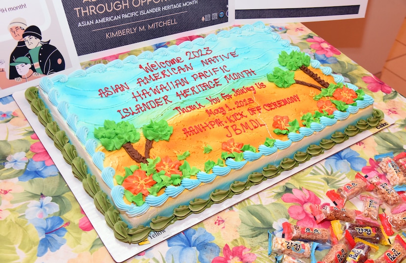 The ceremonial cake for the Asian American Native Hawaiian Pacific Islander heritage month kick-off ceremony at 87th Air Base Wing lobby on Joint Base McGuire-Dix-Lakehurst, N.J., May 1, 2023. JB MDL celebrated AANHPIH month to honor U.S. military servicemembers and veterans, and civilians of Asian, Native Hawaiian, and Pacific Islander descent for their years of countless contributions to the armed forces. (U.S. Air Force photo by Daniel Barney)