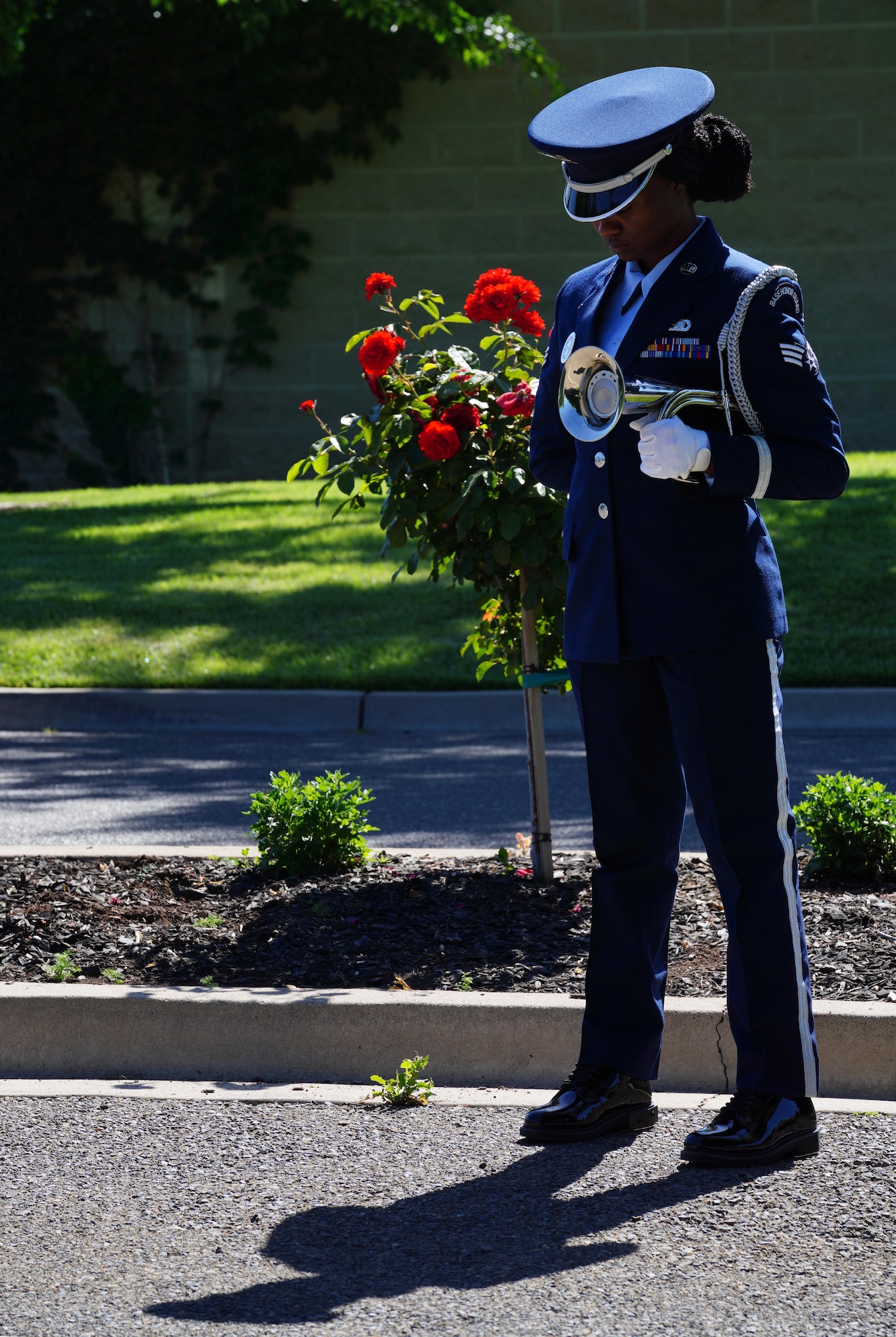 U.S. Air Force Senior Airman Shenice McCormick, 9th Reconnaissance Wing honor guardsman, stands during a flag detail at the 2023 Regional Peace Officers’ Memorial Ceremony, May 17, 2023, in Yuba City, California.