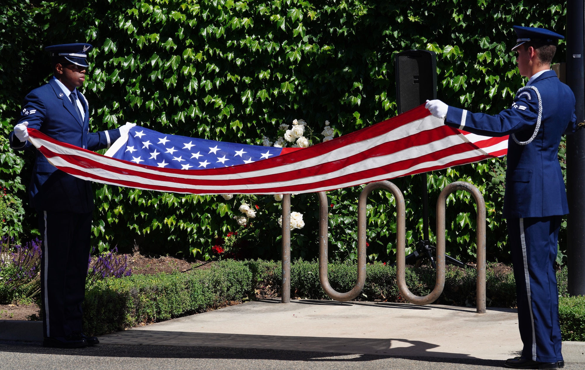 Beale Air Force Base honor guardsmen conduct a flag detail during the 2023 Regional Peace Officers’ Memorial Ceremony, May 17, 2023, in Yuba City, California.