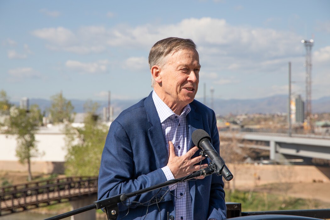 Colorado Senator John Hicklooper addresses the crowd at the South Platt River Tributary Waterway Restoration Project Partnership Agreement signing event.