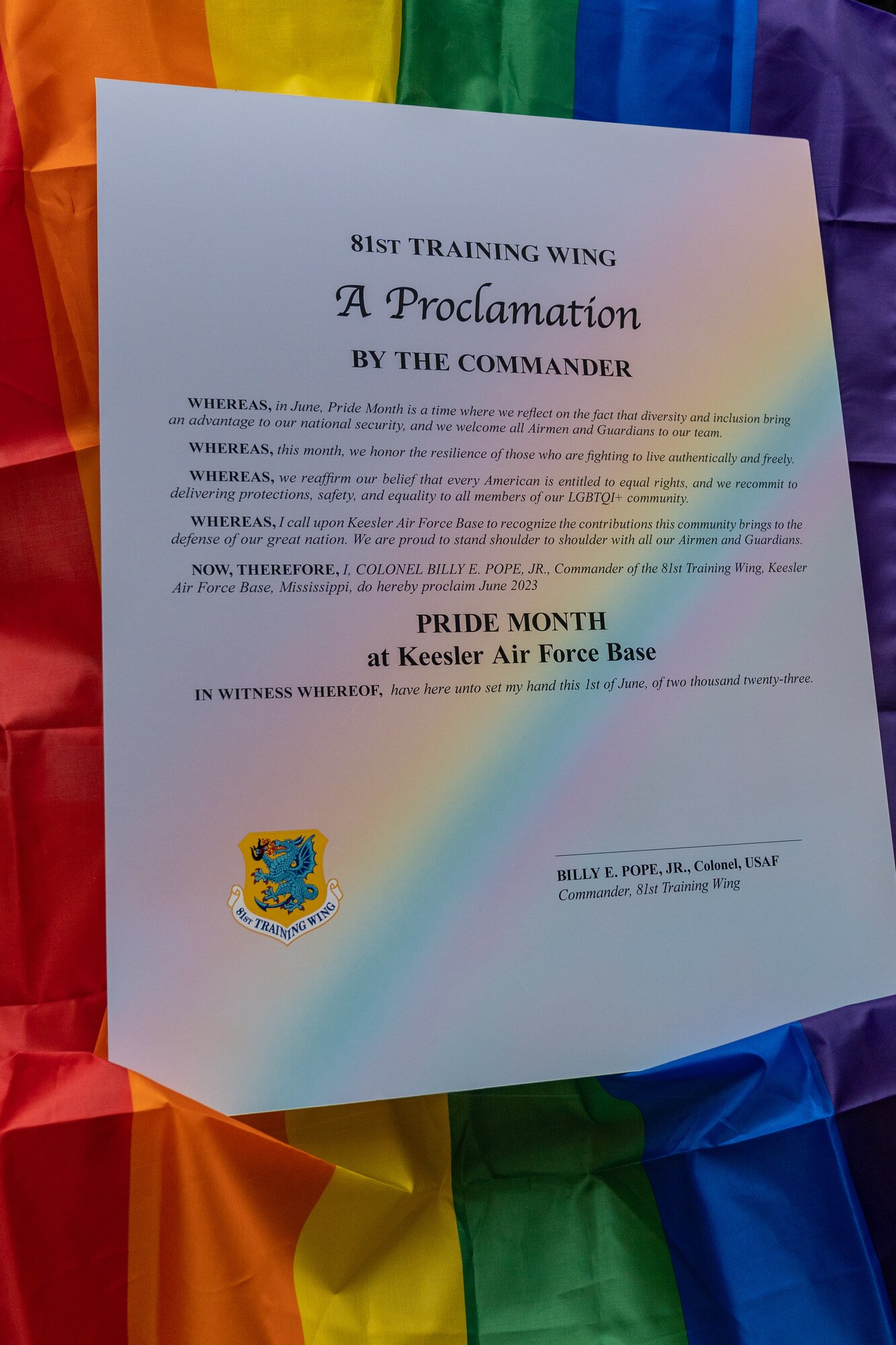 The Pride Month Proclamation is displayed at the Don Wylie Auditorium at Keesler Air Force Base, Mississippi, June 1, 2023.