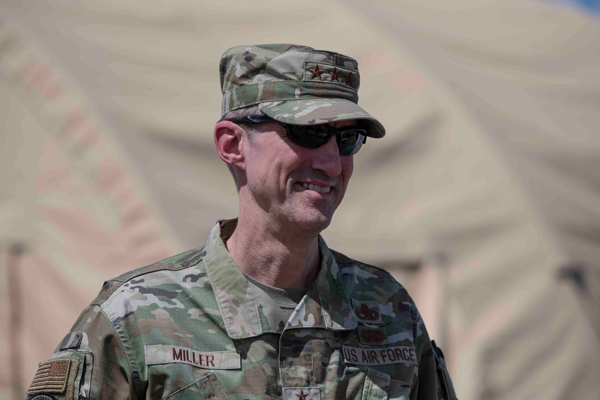 U.S. Air Force Lt. Gen. Tom Miller, Headquarters U.S. Air Force Deputy Chief of Staff for Logistics, Engineering and Force Protection, listens to a brief at Holloman Air Force Base, New Mexico, May 23, 2023. Miller is responsible to the Chief of Staff for leadership, management and integration of Air Force logistics readiness, aircraft, munitions and missile maintenance, civil engineering and security forces. (U.S. Air Force photo by Senior Airman Antonio Salfran)