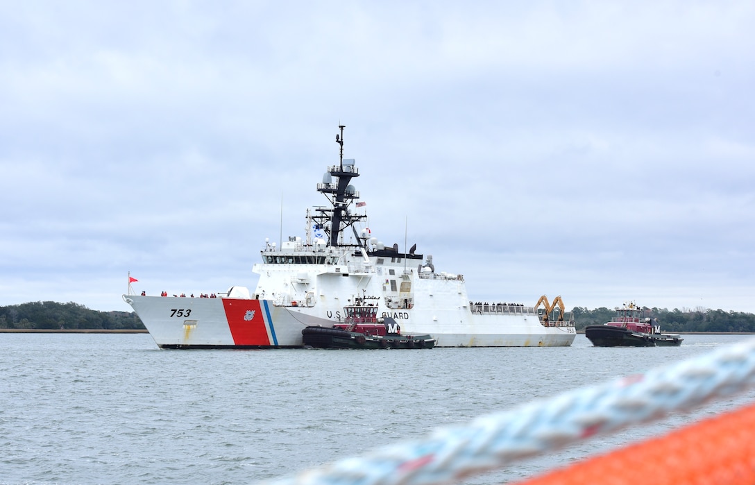 The USCGC Hamilton (WMSL 753) approaches the pier in North Charleston, South Carolina, Dec. 21, 2022. Hamilton completed a 94-day deployment in the U.S. Naval Forces Europe - Africa area of operations in support of the U.S. Sixth Fleet to defend U.S., allied and partner interests. (U.S. Coast Guard photo by Petty Officer 2nd Class Brandon Hillard)