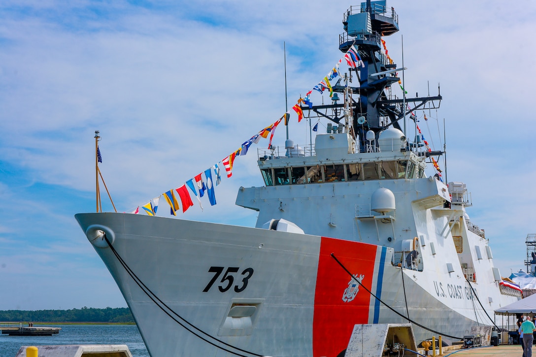 USCGC Hamilton (WMSL 753) is displayed with dress ship pennants for the cutter's change of command ceremony, June 1, 2023, at the Federal Law Enforcement Training Center in North Charleston, South Carolina. The change of command ceremony marks a transfer of total responsibility and authority from one individual to another. (U.S. Coast Guard photo by Ensign Ray Corniel)