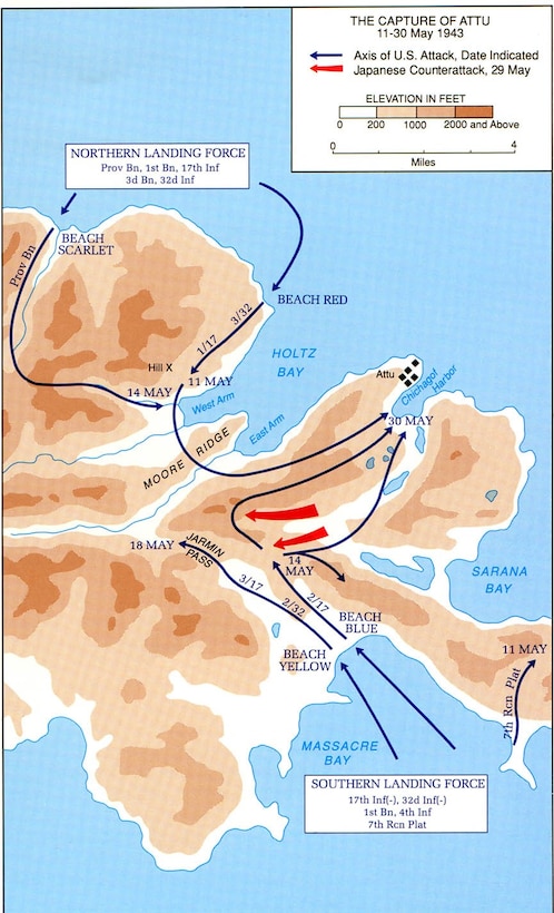 Map of the landings on Attu, 11 May 1943. Shows the ground scheme of maneuver for Operation LANDCRAB.