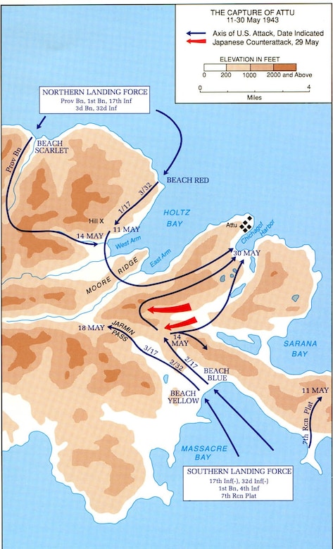 Map of the landings on Attu, 11 May 1943. Shows the ground scheme of maneuver for Operation LANDCRAB.