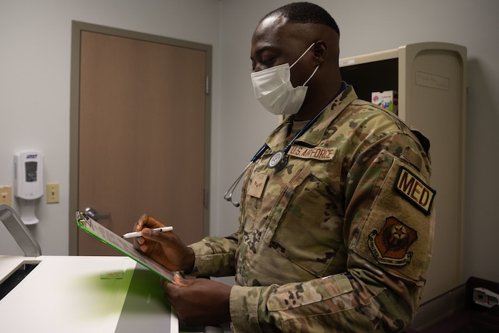 U.S. Air Force Airman 1st Class Bertrand Bucuka, an aerospace medical service specialist assigned to the 1st Special Operations Medical Group at Hurlburt Field, Fla., shared his story of gaining asylum in the U.S. and joining the Air Force. Previously, Bucuka served as a staff sergeant in the Cameroon Special Forces. (U.S. Air Force photo by Airman 1st Class Natalie Fiorilli)
