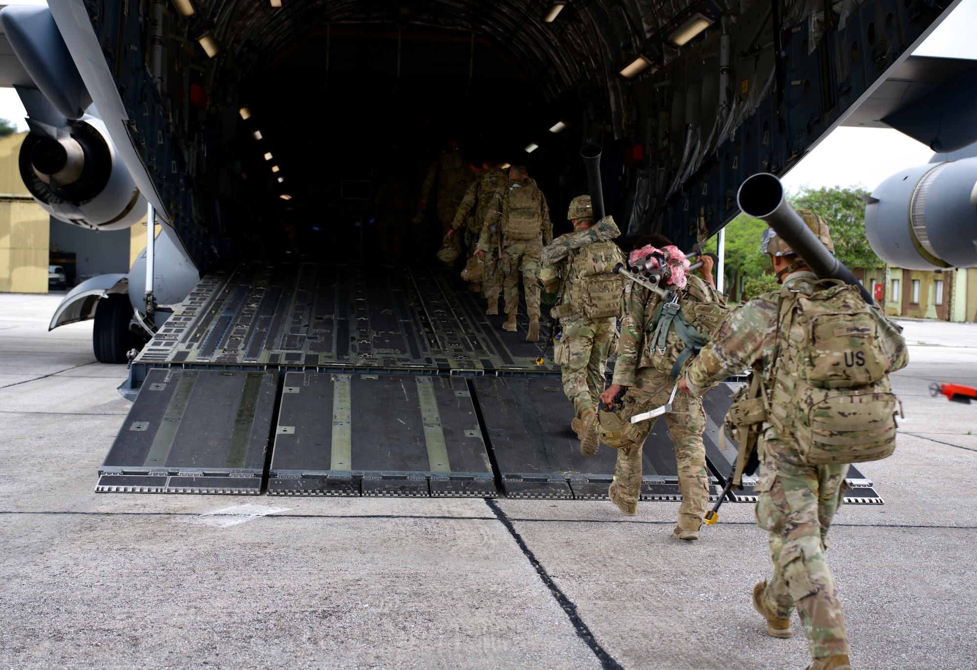 U.S. Army Soldiers assigned to the 173rd Airborne Brigade load onto a C-17 Globemaster III during Defender Europe 23 at Larissa Air Base, Greece, May 13, 2023. (U.S. Air Force photo by Capt. Emma Quirk)