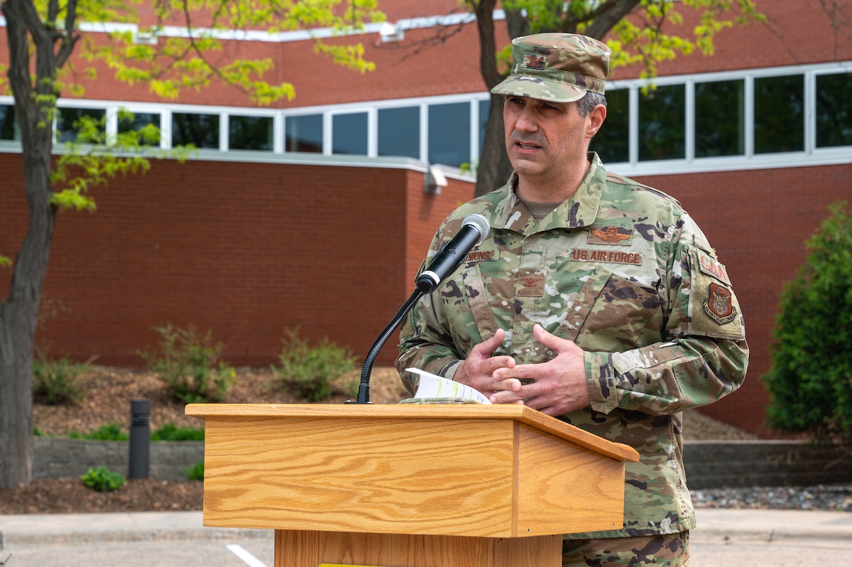 Col. Ethan Hinkins, the 934th Airlift Wing commander, gives a speech during the National Police Week 2023 ceremony at the Minneapolis-St. Paul Air Reserve Station, Minnesota, May 17, 2023. National Police Week 2023 was held from May 14th to May 20th to honor those who have served and are currently serving in the Law Enforcement profession. (U.S. Air Force photo by Senior Airman Matthew Reisdorf)