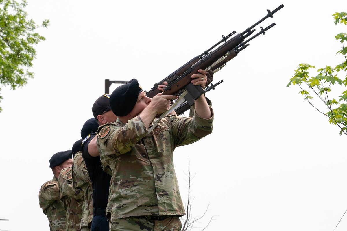 Members of the 934th Security Forces Squadron perform a three-volley salute during a National Police Week ceremony on Minneapolis-St. Paul Air Reserve Station, Minnesota, May 17, 2023. National Police Week 2023 was held from May 14th to May 20th to honor those who have served and are currently serving in the Law Enforcement profession. (U.S. Air Force photo by Senior Airman Matthew Reisdorf)