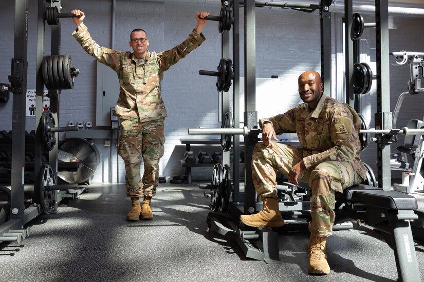 U.S. Army 2nd Lt. Jeremy Slen, left, and U.S. Army Staff Sgt. Ashton Christopher, right, lead coordinators for the Connecticut Army National Guard's Fitness Improvement Program, inside the gym of the Governor William A. O’Neill Armory, Hartford, Connecticut, March 29, 2023. The program aims to revitalize fitness culture within the Connecticut National Guard and help Soldiers live a healthier, well-rounded lifestyle.