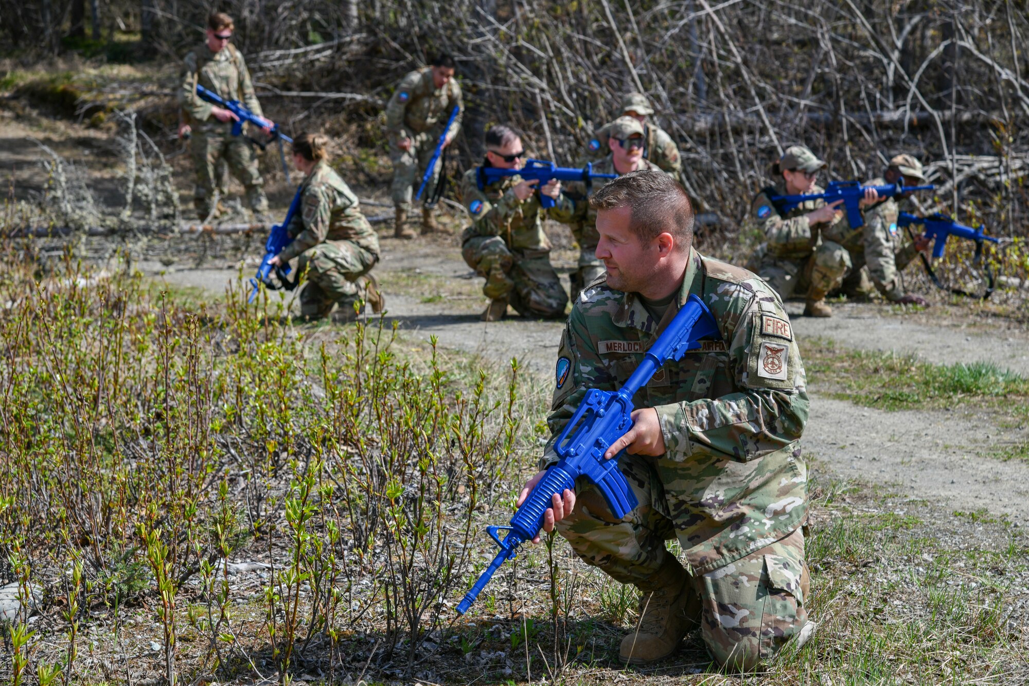 A photo of Airmen of the 177th, 108th, and 111th Civil Engineer Squadrons participating in training.