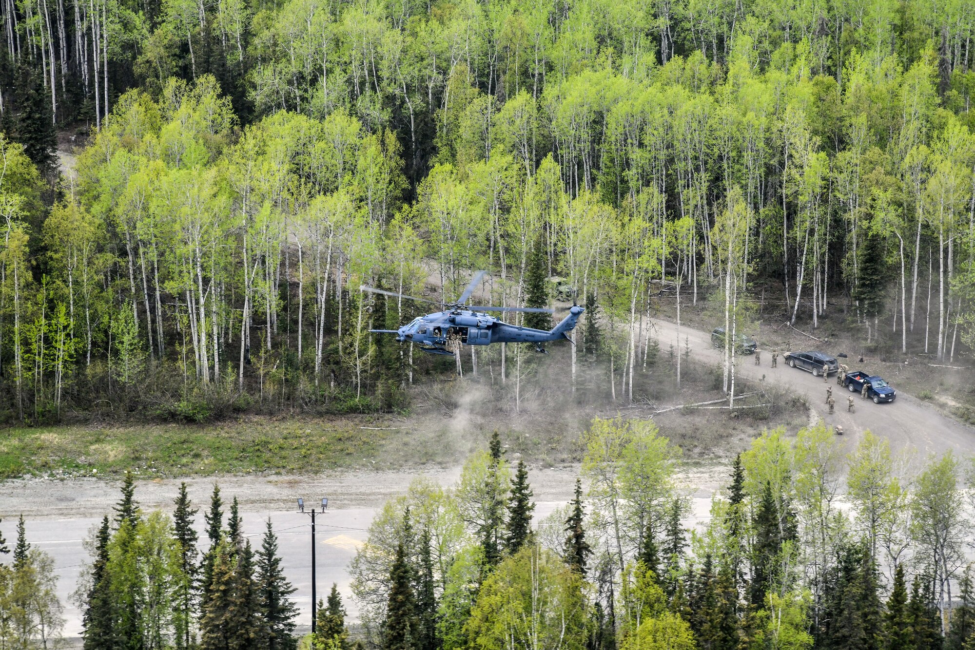 A photo of an HH-60G Pave Hawk from the 210th Rescue Squadron landing on Joint Base Elmendorf-Richardson, Alaska.