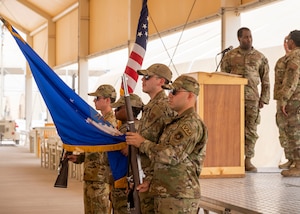 U.S. service members from the 378th Air Expeditionary Wing Honor Guard team post the colors during a Memorial Day remembrance ceremony at Prince Sultan Air Base, Kingdom of Saudi Arabia, May 29, 2023. Memorial Day is a federal holiday in the United States for honoring and mourning the U.S. military personnel who died while serving in the Armed Forces. (U.S. Air Force photo by Senior Airman Stephani Barge)