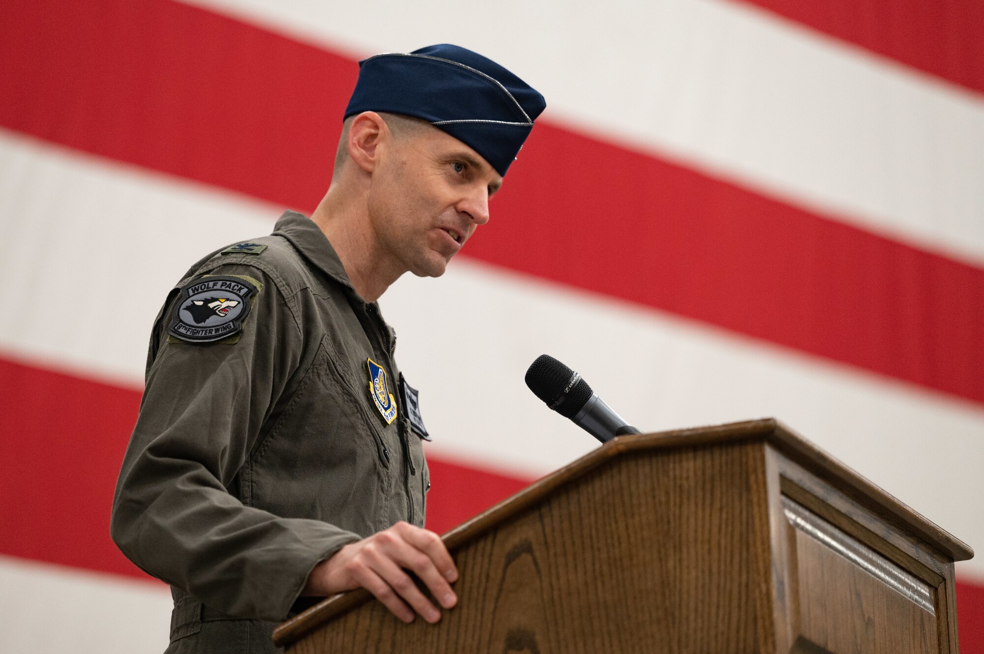 Col. Timothy B. Murphy, 8th Fighter Wing commander, delivers remarks during the 8th Operations Group change of command ceremony at Kunsan Air Base, Republic of Korea, June 2, 2023. The 8th OG is responsible for conventional air-to-ground and air-to-air missions in support of armistice and wartime taskings to defend the Republic of Korea. (U.S. Air Force photo by Staff Sgt. Sadie Colbert)