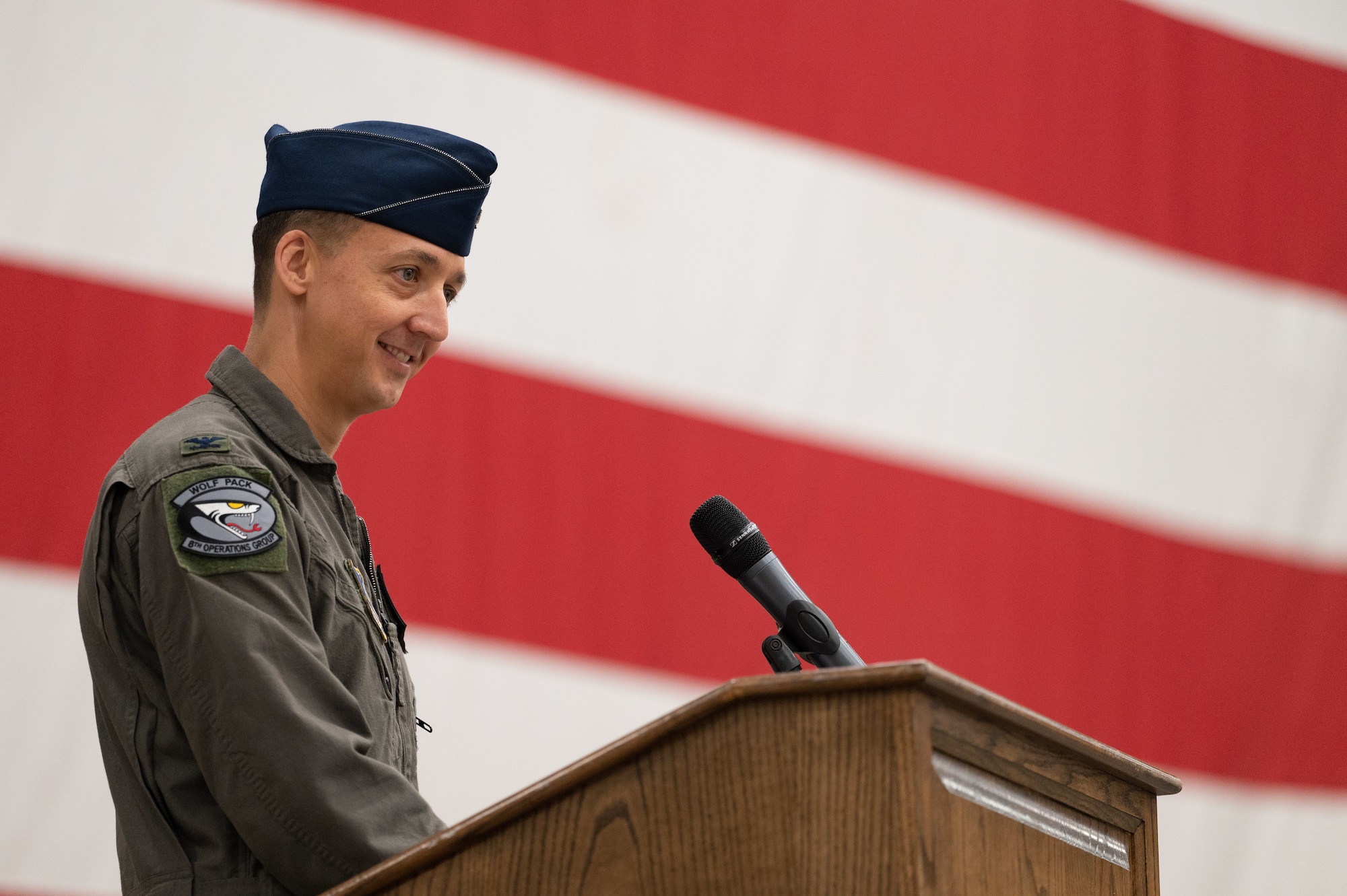 Col. Michael G. McCarthy, 8th Operations Group incoming commander, gives remarks during the 8th OG change of command ceremony at Kunsan Air Base, Republic of Korea, June 2, 2023. The 8th OG commander is responsible for conventional air-to-ground and air-to-air missions in support of armistice and wartime taskings to defend the Republic of Korea. (U.S. Air Force photo by Staff Sgt. Sadie Colbert)