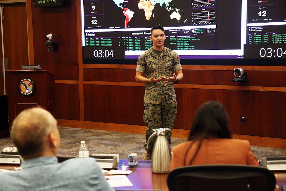 U.S. Marine Corps Sgt. Steven Matsunaga, representing U.S. Marine Forces Central Command (MARCENT), presents his idea to a panel of experts during U.S. Central Command's (CENTCOM) Innovation Oasis Part II competition, May 25, 2023. Innovation Oasis is a “Shark Tank” like innovation competition that highlights select servicemember's inventions and processes presented for possible implementation.