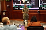 U.S. Marine Corps Sgt. Steven Matsunaga, representing U.S. Marine Forces Central Command (MARCENT), presents his idea to a panel of experts during U.S. Central Command's (CENTCOM) Innovation Oasis Part II competition, May 25, 2023. Innovation Oasis is a “Shark Tank” like innovation competition that highlights select servicemember's inventions and processes presented for possible implementation.