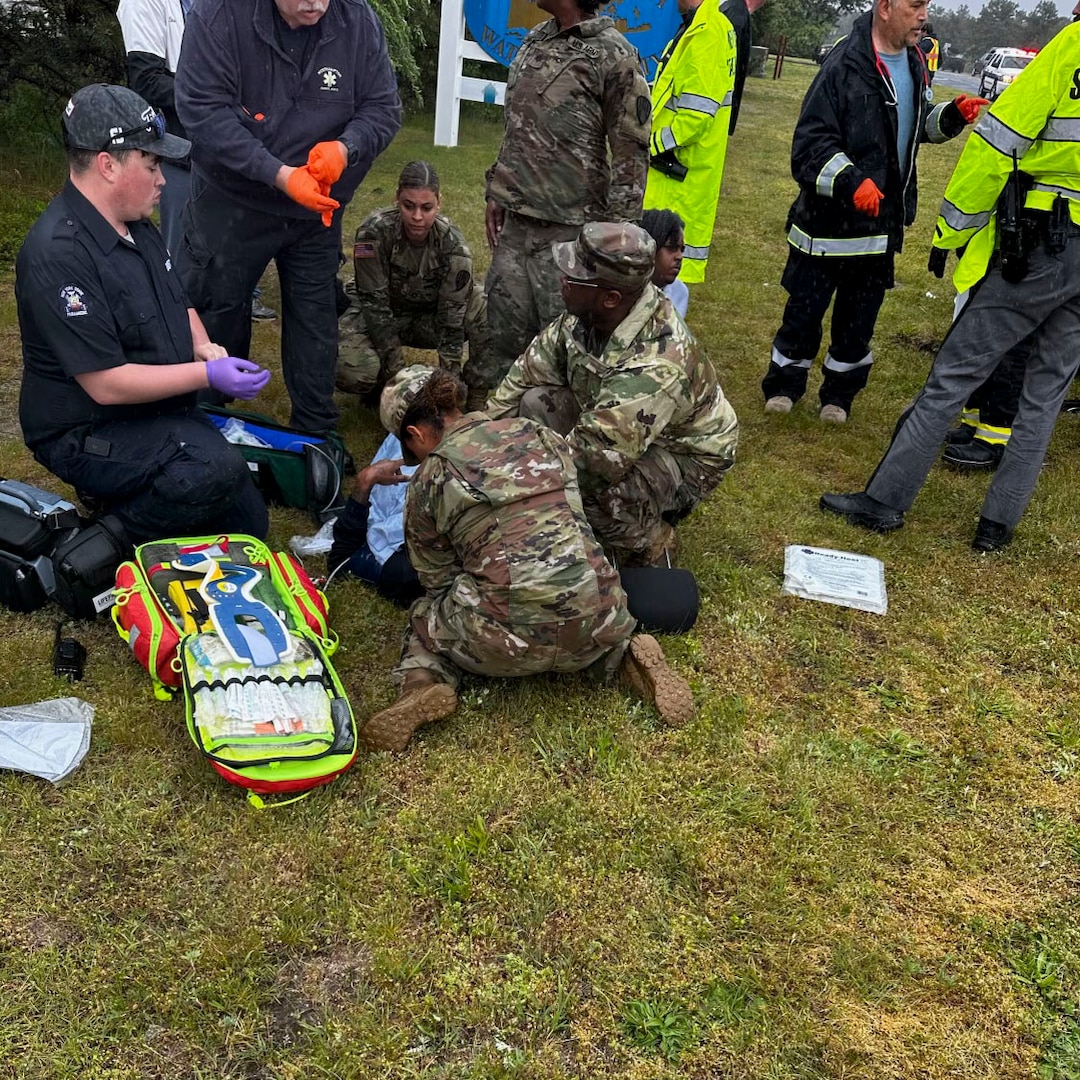 Soldiers assigned to the 442nd Military Police Company, New York Army National Guard, came to the aid of two people injured in a car accident while on their way to training at Francis S. Gabreski Air National Guard Base in Westhampton Beach, N.Y., May 20, 2023.