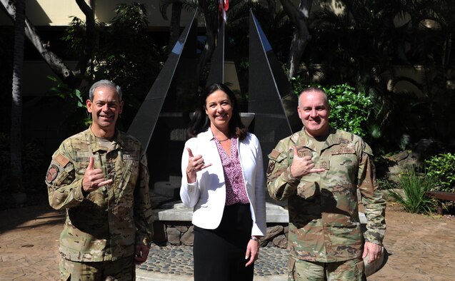 Col. Michele Lo Bianco, 15th Wing commander, converses with Kristyn Jones, assistant secretary of the Air Force for Financial Management and Comptroller, performing the duties of under secretary of the Air Force, during her visit to Joint Base Pearl Harbor-Hickam, Hawaii, May 2, 2023. Lo Bianco and Jones exchanged views on pressing topics regarding the installation and airmen and their families. (U.S. Air Force photo by Senior Airman Zoie Cox)