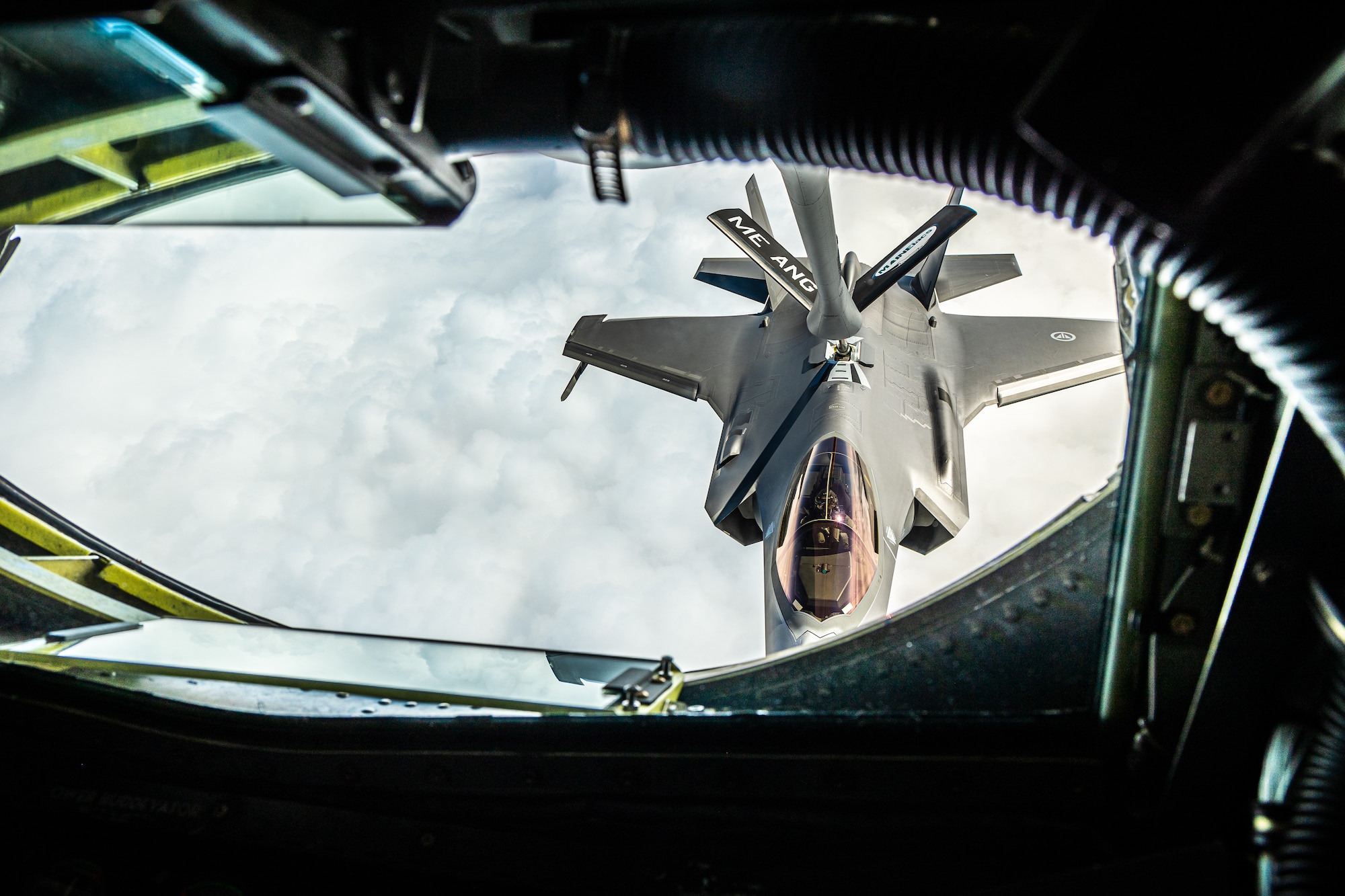 A Norwegian F-35 Lightning II receives fuel from a MAINEiac KC-135 Stratotanker above the Arctic Circle, May 29, 2023. The crews are taking part in Arctic Challenge Exercise 2023, a live fly exercise that serves to advance arctic security initiatives and enhance interoperability in the increasingly dynamic and contested region.