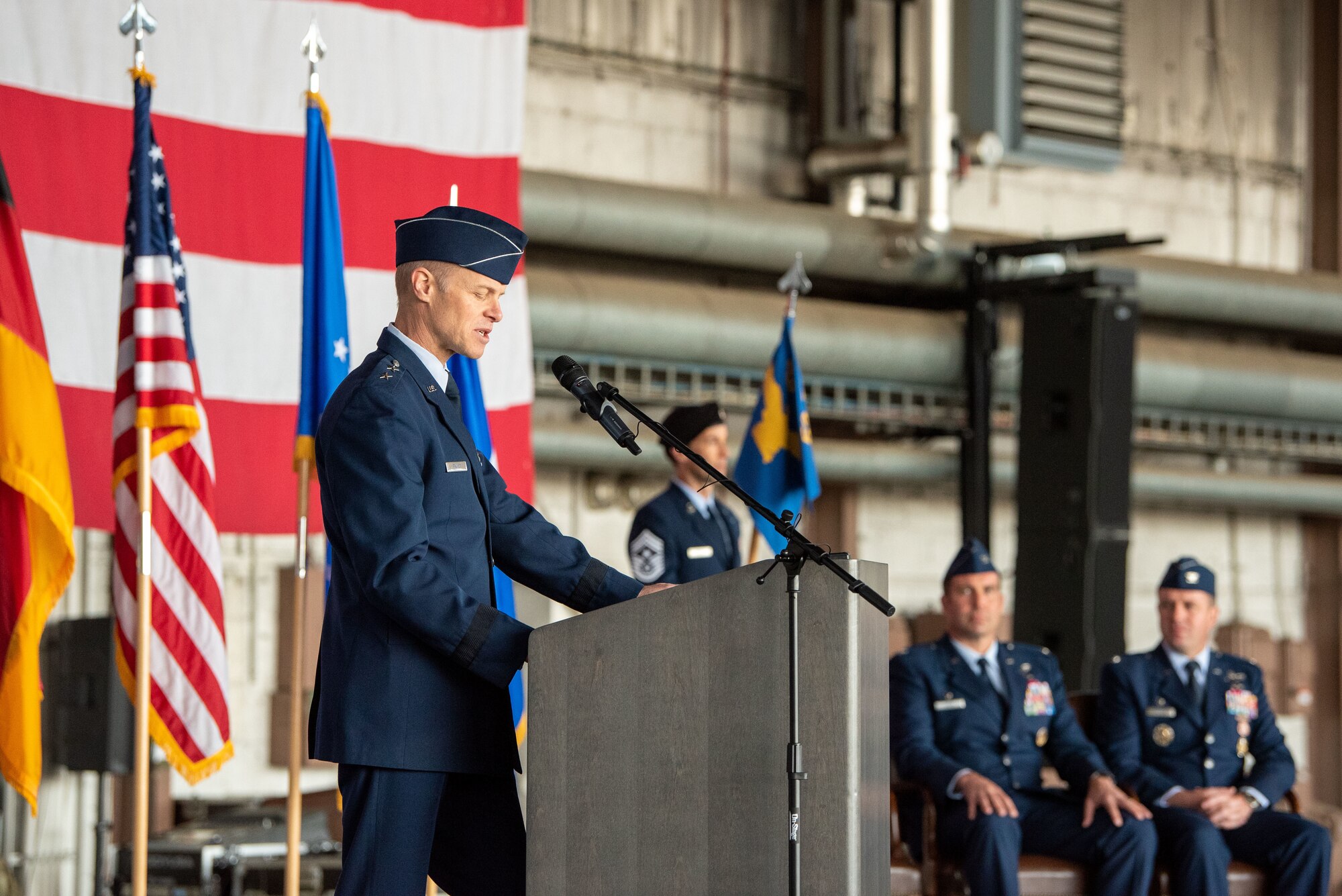 U.S. Air Force Maj. Gen. Derek France, Third Air Force commander gives remarks during the 52nd Fighter Wing Change of Command ceremony