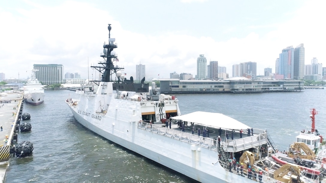 The U.S. Coast Guard Cutter Stratton (WMSL 752) prepares to moor in Manila, Philippines, where the crew will conduct tri-lateral engagements with members from the Philippine and Japan Coast Guards, June 1, 2023. Stratton deployed to the Western Pacific under U.S. Navy 7th Fleet command to serve as a non-escalatory asset for the promotion of a rules-based order in the maritime domain by engaging with partner nations and allies in the region. (Philippine Coast Guard courtesy photo)