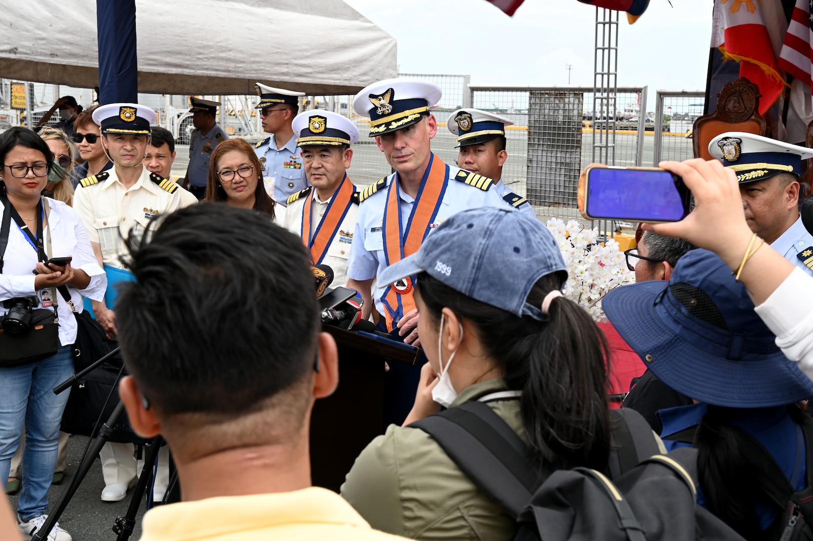 Capt. Brian Krautler, commanding officer of U.S. Coast Guard Cutter Stratton (WMSL 752), answers questions from the media following Stratton’s arrival to Manila, Philippines, for a tri-lateral engagement with the Philippine and Japan Coast Guards, June 1, 2023. Stratton deployed to the Western Pacific under U.S. Navy 7th Fleet command to serve as a non-escalatory asset for the promotion of a rules-based order in the maritime domain by engaging with partner nations and allies in the region. (U.S. Coast Guard photo by Chief Petty Officer Matt Masaschi)