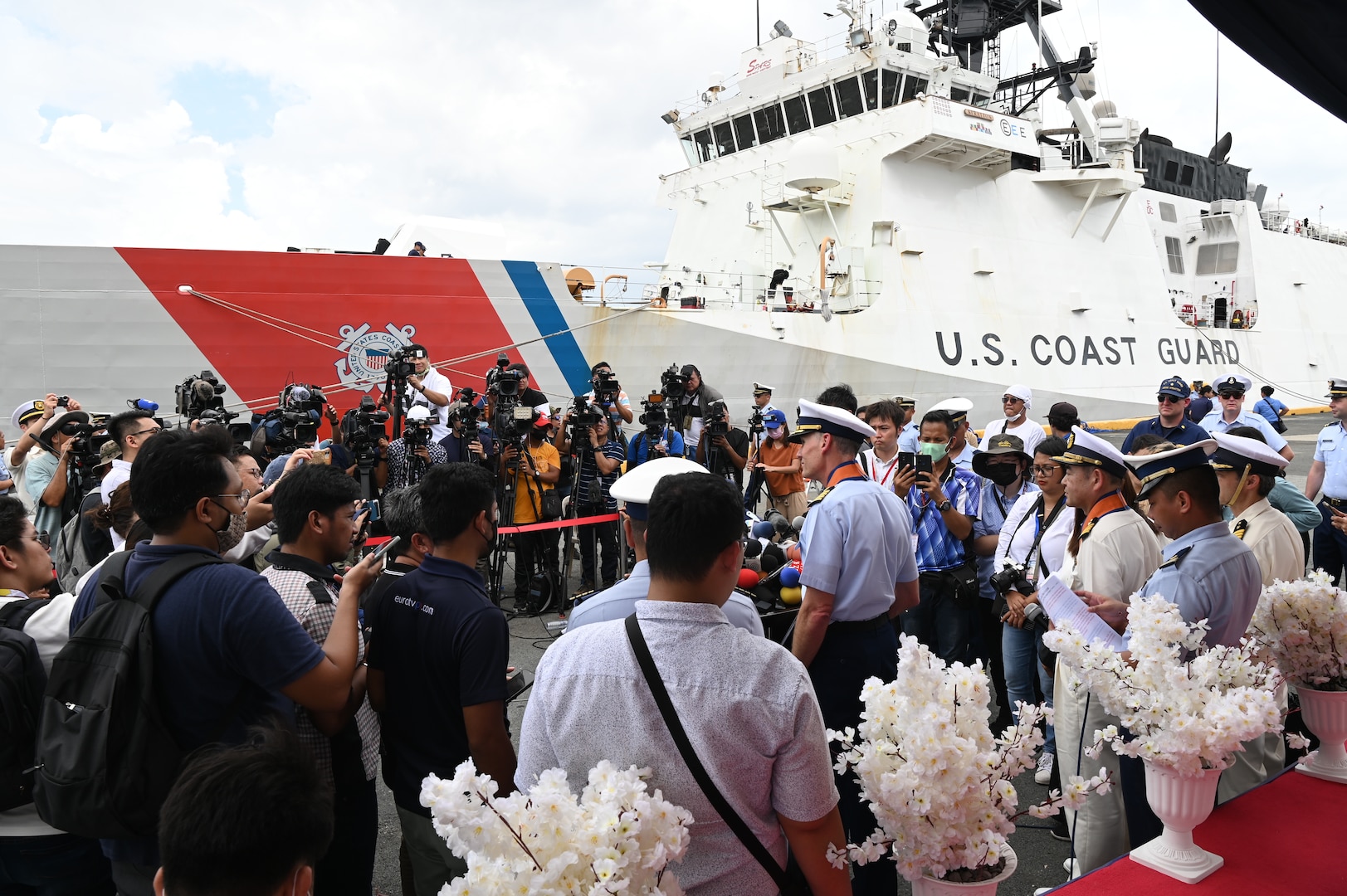 Capt. Brian Krautler, commanding officer of U.S. Coast Guard Cutter Stratton (WMSL 752), addresses the media following Stratton’s arrival to Manila, Philippines, for a tri-lateral engagement with the Philippine and Japan Coast Guards, June 1, 2023. Stratton deployed to the Western Pacific under U.S. Navy 7th Fleet command to serve as a non-escalatory asset for the promotion of a rules-based order in the maritime domain by engaging with partner nations and allies in the region. (U.S. Coast Guard photo by Chief Petty Officer Matt Masaschi)